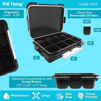 12 Compartment Large Pill Case with Airtight Seal - Silicone Gasket Waterproof Med Organizer Box with Medication Map, Medical Alert Card (Black, 1 Pack)