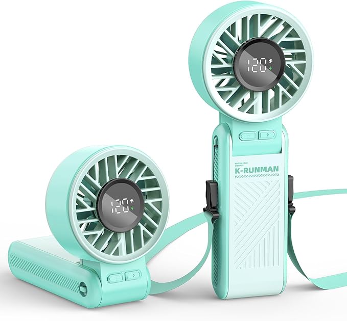 Portable Handheld Fan, 4000mAh Rechargeable, 6 Speed Settings, LCD Display, 3-in-1 Foldable Mini Desk Fan with Lanyard (Green)