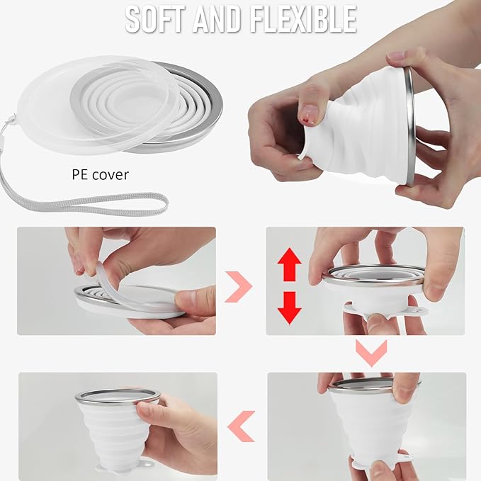 JBER Silicone Collapsible Travel Cup, 4 Pack Silicone Folding Camping Cup with Lids Expandable Drinking Cup for Outdoor Hiking Travel (White Translucent)