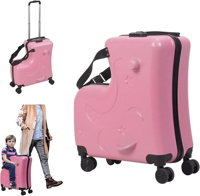 20" Ride on Suitcase for Kids, Kids Luggage with Seat Childrens' Carry Trolley Luggage with Lock & Safety Belt 360° Silent Wheels for Short Trips Pink