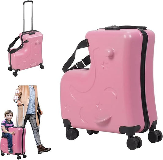 20" Ride on Suitcase for Kids, Kids Luggage with Seat Childrens' Carry Trolley Luggage with Lock & Safety Belt 360° Silent Wheels for Short Trips Pink