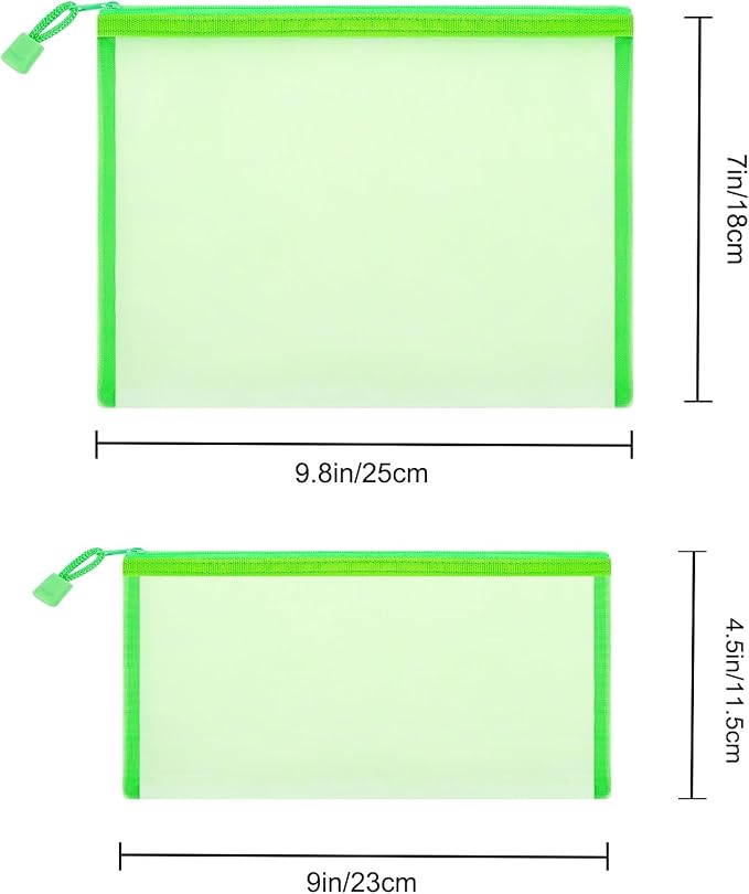 12 Pieces Zipper Nylon Mesh Pouch, Mesh Cosmetic Bags Makeup Bags Pencil Case, Multipurpose Travel Bags for Cosmetic School Office Supplies and Travel Accessories (Green, A5+B6)