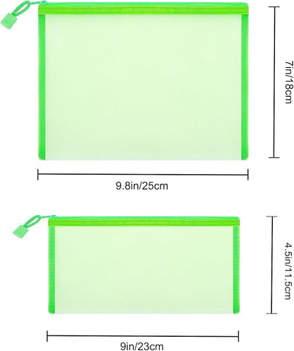 12 Pieces Zipper Nylon Mesh Pouch, Mesh Cosmetic Bags Makeup Bags Pencil Case, Multipurpose Travel Bags for Cosmetic School Office Supplies and Travel Accessories (Green, A5+B6)