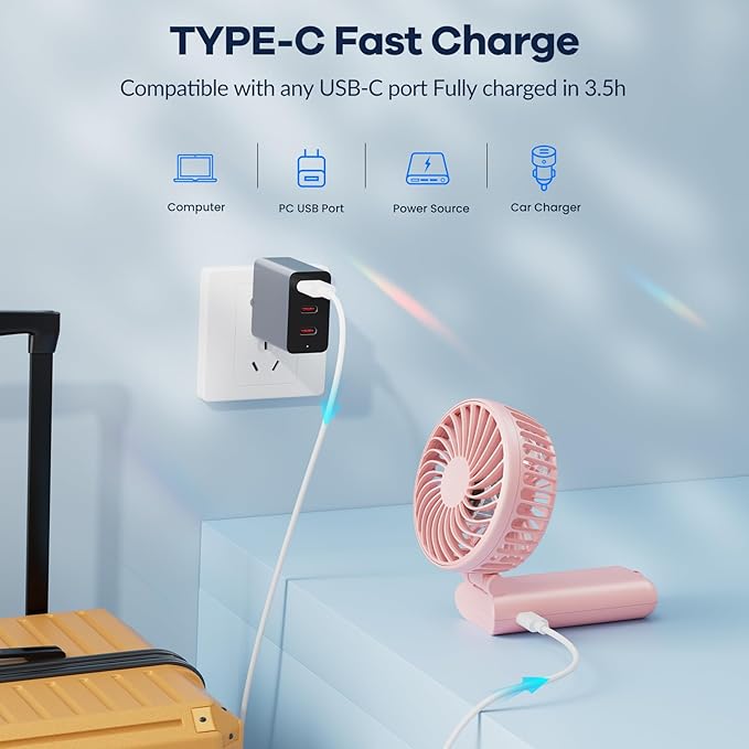 HandFan Upgraded Handheld Fan, 5 Speeds Strong Airflow Hand Fan [Max 27 Working Hours], 180° Foldable Compact Design Personal Fan Handheld with Portable Power for Travel/Disney/Concerts/Women (Pink)