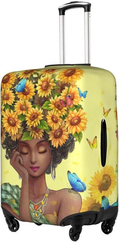 Suitcase Cover Medium African American Afro Black Girl, Anti-scratch, Water Resistant, Easy Access Zippers, 22-24 inch, Floral Pattern