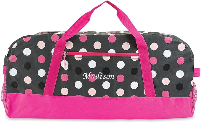 Lillian Vernon Personalized Duffel Bag for Kids, Roomy Pink Multi Dots Weekender With Front & Side Compartment, Customizable Girls Sports & Travel Bags With Custom Name, 13" x 15" x 30" W