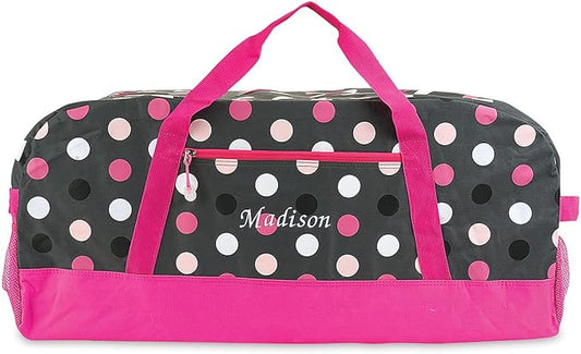Lillian Vernon Personalized Duffel Bag for Kids, Roomy Pink Multi Dots Weekender With Front & Side Compartment, Customizable Girls Sports & Travel Bags With Custom Name, 13" x 15" x 30" W