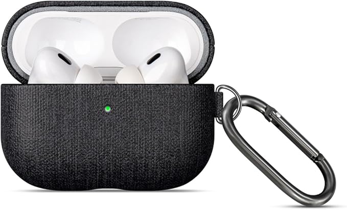LOPIE for AirPods Pro 2nd Generation Case (Not for 3rd Gen) - Canvas Style Vegan Leather - Protective Hard Shell Cover with Key Chain - Handmade for AirPods Pro 2 Case Cover - Black