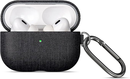 LOPIE for AirPods Pro 2nd Generation Case (Not for 3rd Gen) - Canvas Style Vegan Leather - Protective Hard Shell Cover with Key Chain - Handmade for AirPods Pro 2 Case Cover - Black