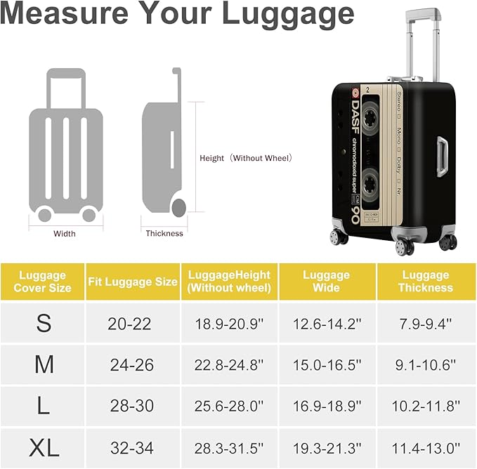 ANNA QUEEN Retro Cassette Tape Luggage Cover, Vintage Music Design Suitcase Protector, Washable Stretchable Travel Sleeve for 20-22 Inch Luggage
