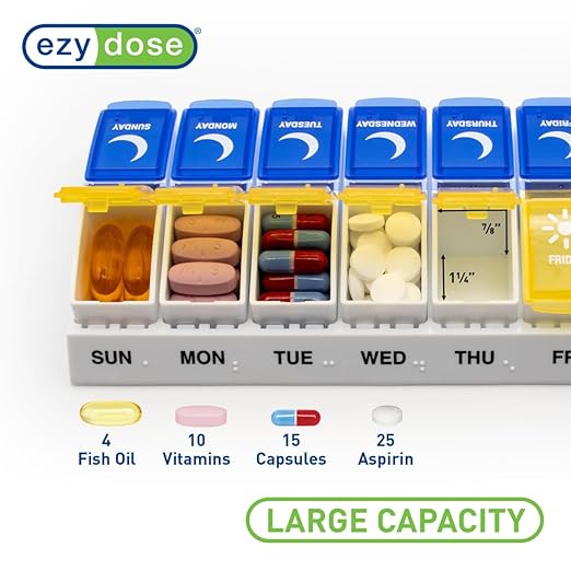 EZY DOSE Weekly (7-Day) AM/PM Pill Organizer, Daily Vitamin Container and Medicine Box, Large Pop-Out Compartments, Designed for Travel, 2 Times a Day, Blue and Yellow Lids