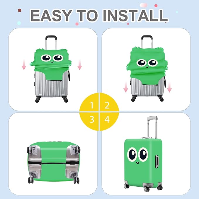 ANNA QUEEN Cute Smiley Face Luggage Cover, Green Cartoon Suitcase Protector with Big Eyes Design, Stretchable, Washable Travel Cover for 32-34 Inch Luggage