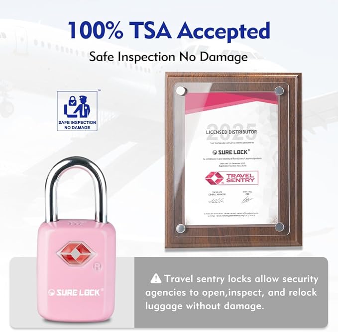 Sure Lock TSA Approved Luggage Locks Mini Size Lock with Keys for Travel, Zinc Alloy Body with Steel Shackle, Key Alike, Key Alike in The Same Package