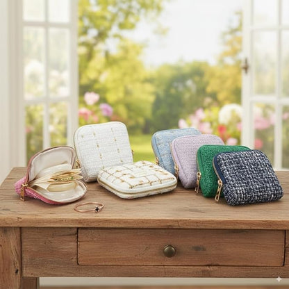 Small Travel Jewelry Case, Soft Tweed Organizer Pouch for Bangle, Bracelets, large Earrings, Beaded necklace, Anti-Scratch & Portable Jewelry Bag Holder for Travel & Everyday Use (Snow Sparkle)