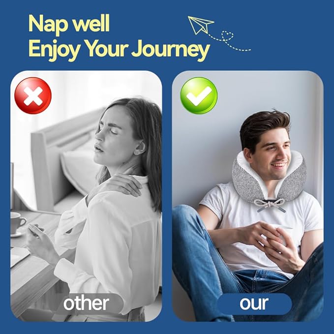 Memory Foam Neck Pillow for Travel Adjustable Airplane Pillow 100 Percent Memory Foam Ergonomic Support for Sleeping on Flights Cars Office Home Use for Adults Men Women