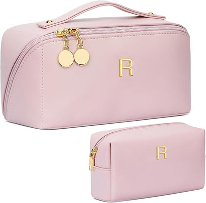 Birthday Gifts for Women Teen Girl, Personalized Initial Makeup Organizer Bag Set, Open Flat Travel Cosmetic Bag With Clear Divider and Handle(Pink,R)