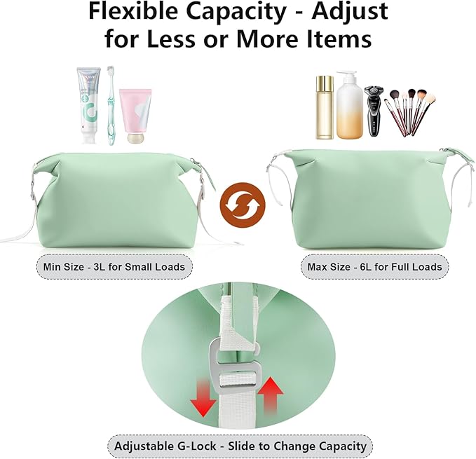 Vomgomfom 3L 6.5 Inch Silicone Toiletry Bag, Waterproof Leakproof Travel Cosmetic Organizer, Adjustable G-Buckle Compression Dopp Kit, Foldable Makeup Bag for Women & Men, Green