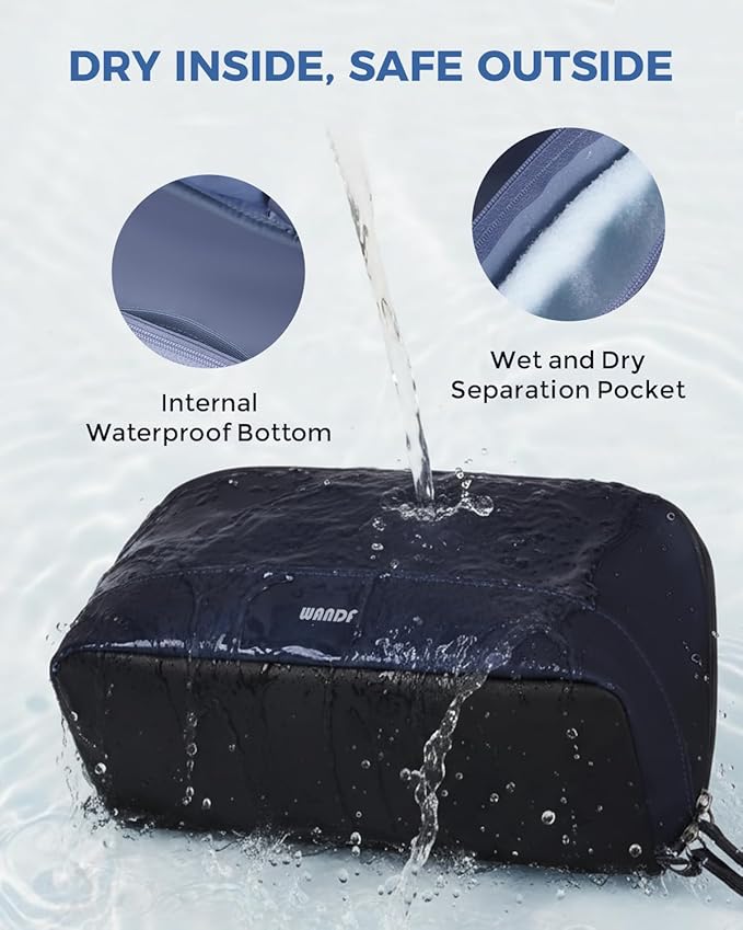 WANDF Toiletry Bag for Men, PU Leather Travel Organizer with Detachable Waterproof Hanging Pouch, Open-Flat Dopp Kit Shaving Bag with Wet Pocket for Travel Toiletries Accessories (Navy Blue)