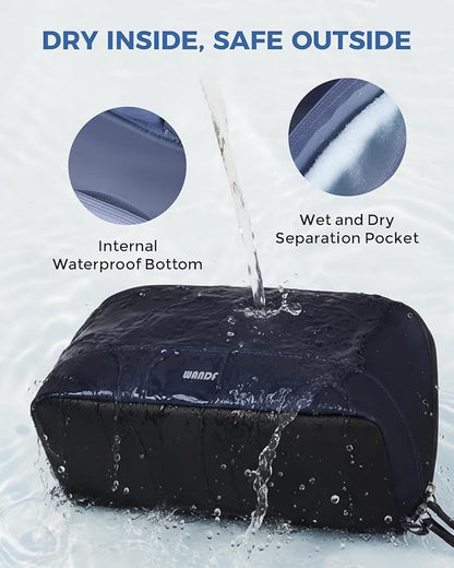 WANDF Toiletry Bag for Men, PU Leather Travel Organizer with Detachable Waterproof Hanging Pouch, Open-Flat Dopp Kit Shaving Bag with Wet Pocket for Travel Toiletries Accessories (Navy Blue)