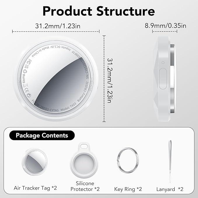 Air Tracker Tag-2 Pack White | Bluetooth Tracker Work with Apple Find My (iOS 14.6 Above Only), Smart Tag with Protective Case/Keychain/Lanyard, Item Finder for Luggage/Key/Suitcase/Backpack