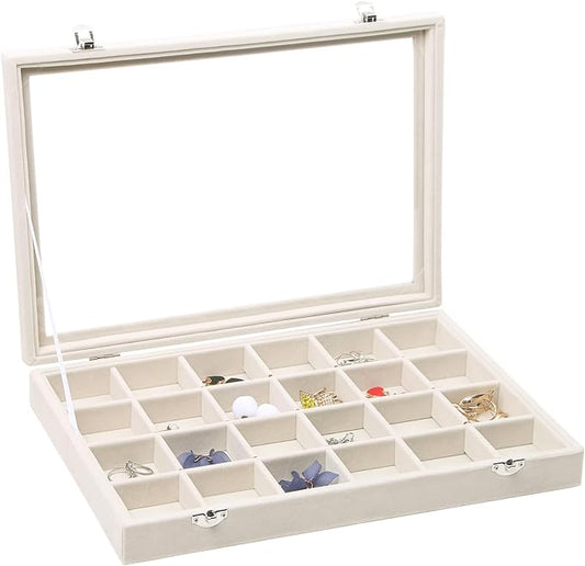 Stratalife Jewelry Organizer Jewelry Tray with Lid See-through Display Showcase Large Earring Organizer Velvet Storage Box for Earring Necklace Rings Dice Beige (24 Grids)