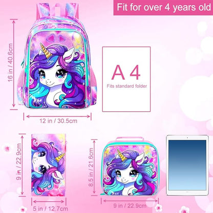 WZLVO 3PCS Unicorn Backpack for Girls, 16'' Kids Preschool Bookbag Set, Cute Water Resistant Kindergarten Elementary School Bag with Lunch Box