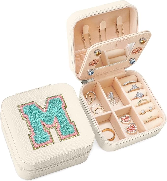 SANDJEST Personalized Jewelry Box, White Travel Jewelry Box with Initial M, Small Monogrammed Jewelry Case Organizer for Girls Women Teen Kids, Mini Travel Essentials Gifts for Birthday Christmas