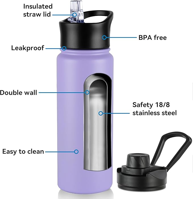 VEGOND 24oz Insulated Water Bottle with Straw Lid, Stainless Steel Metal Water Bottle with Straw & Wide Mouth Lid, Double Wall Vacuum Water Bottle for Hiking Camping, Lavender 8 Pack
