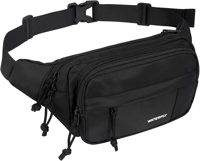 WATERFLY Fanny Pack Waist Packs: Large Crossbody Fanny Packs for Women Men with 5 Zipper Pockets Adjustable Strap Waist Bags Hip Pack for Traveling Cycling Running Hiking-Black