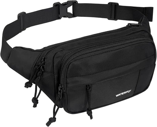 WATERFLY Fanny Pack Waist Packs: Large Crossbody Fanny Packs for Women Men with 5 Zipper Pockets Adjustable Strap Waist Bags Hip Pack for Traveling Cycling Running Hiking-Black
