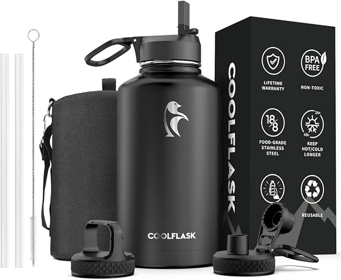 64 oz Water Bottle Insulated with Straw & 3 Lids, Coolflask Large Metal Stainless Steel Water Jug Big Half Gallon Wide Mouth for Sports, Gym or Office, Non-BPA Keep Cold 48H Hot 24H, Magic Black