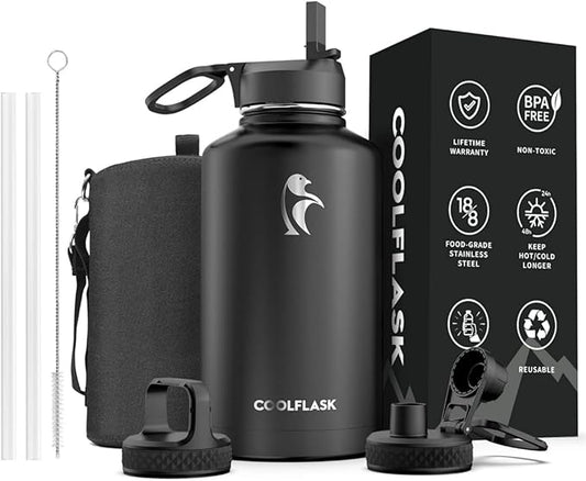 64 oz Water Bottle Insulated with Straw & 3 Lids, Coolflask Large Metal Stainless Steel Water Jug Big Half Gallon Wide Mouth for Sports, Gym or Office, Non-BPA Keep Cold 48H Hot 24H, Magic Black
