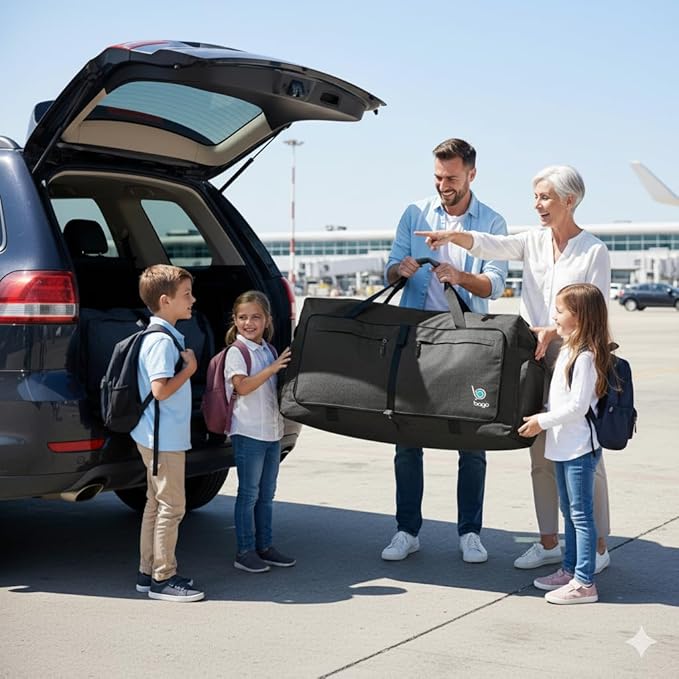 Bago Large Foldable Duffel Bags for Traveling Women & Men - 100L Packable Duffle Bag for Travel with Shoe Compartment - Water Repellant, Heavy Duty, Lightweight Folding & Collapsible (SnowBlack)