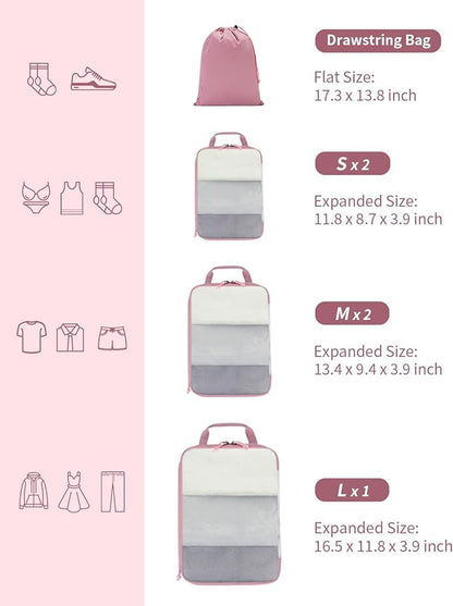 ECOHUB 6 Set Compression Packing Cubes, Gifts for Women Mom, Lightweight Vacation Travel Essentials Accessories for Suitcase Luggage Organizer Bags Set with YKK Zippers Shoe Bag, Pink