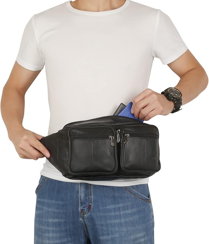 Genuine Leather Fanny Pack/Waist Bag/Organizer with Adjustable Belt, Multiple Pockets For Men and Women