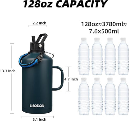 BJPKPK 1 Gallon Water Bottle Insulated with Straw Lid, 50oz, 64oz, 87oz, 128oz Large, Stainless Steel Water Bottles with 3 Lids and Paracord Strap, Double Wall Vacuum Metal Water Jug,Navy Blue