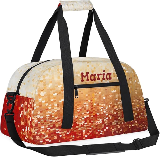 Personalized Kids Sports Duffel Bag with Name Custom Weekender Overnight Bag for Boys Girls Gym Bag Travel Dance Gymnastics Duffel Bag, Red Glitter Golden Shiny