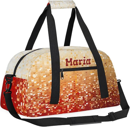 Personalized Kids Sports Duffel Bag with Name Custom Weekender Overnight Bag for Boys Girls Gym Bag Travel Dance Gymnastics Duffel Bag, Red Glitter Golden Shiny