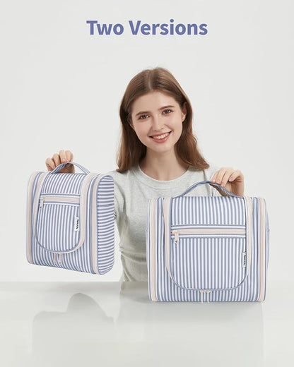 Narwey Small Striped Hanging Travel Toiletry Bag for Women, Travel Bag for Toiletries, Makeup Bag Organizer Cosmetic Bags Make Up Bags for Women (Greyish Blue Stripe)