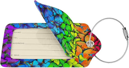 2 Pack Luggage Tag for Suitcases, Colorful Backpack Tag with Beautiful Butterflies Pattern Leather Suitcase Tags Identifiers with Privacy Name Address Labels & Durable Steel Loop for Women Men Travel