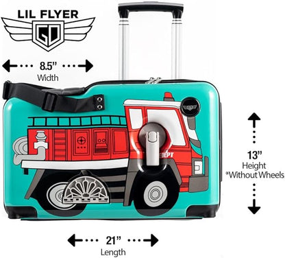 Younglingz LIL FLYER GO Version 2 Ride On Suitcase for Kids | Carry On Luggage with Toddler Seat, Foldable Handlebars, Pedals, and Removable Wheels | Holds up to 80 lbs | FIRETRUCK | Ages 2-6
