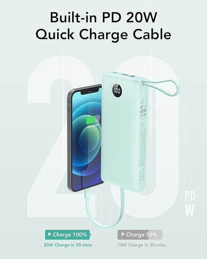 VRURC Portable Charger 20000mAh, Built-in Cables Fast Charging Power Bank, PD QC 3.0 Travel Essentials Battery Pack, 4 Output & 2 Input Phone Charger for iPhone16 15 14 13 X, Samsung, Android-Green