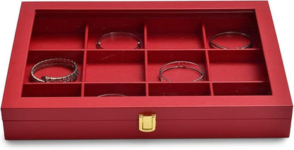 Oirlv 12 Gird Jewelry Tray with Acrylic Lid Premium Leather Jewelry Organizer Box Transparent Lid Bracelet Bangle Storage Case for Women Gift