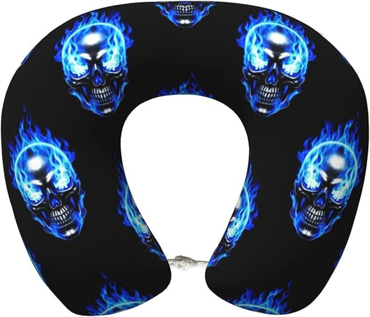 Neck Pillow Memory Foam Chin Cushion with Breathable Cover Blue Fire Skull, Cute Airplane Car Pillows for Office Head Pain Relief