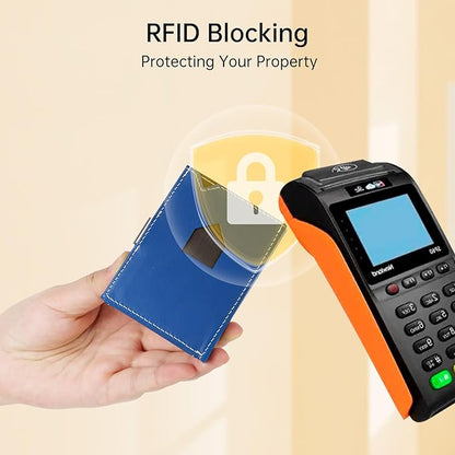 Men's Wallet, Genuine Leather RFID Blocking Slim Money Clip Wallet Minimalist Front Pocket Tri-Fold Money Clip Credit Card Holder with Present Box Blue