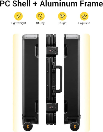 LEVEL8 Zipperless Checked Luggage with Aluminum Frame, Upgraded Medium Hardside Suitcase with Spinner Wheels, Metal Travel Luggage with Double Tsa Locks, 24 Inch, Black