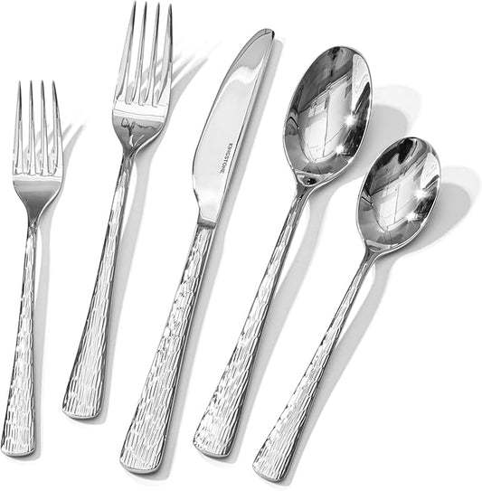 KINGSTONE Hammered Silverware Set, Flatware Set, 18/10 Stainless Steel Premium Cutlery with Unique Ripple Handles Design Mirror Polished - Dishwasher Safe (60-Piece)