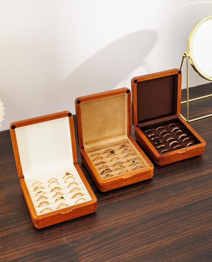 Solid Wood Ring Organizer, Walnut Jewelry Case for Multiple Rings Cufflinks Earrings Portable Travel Size Rings Case Wooden Vintage Gift for Women Valentine Mother's Day