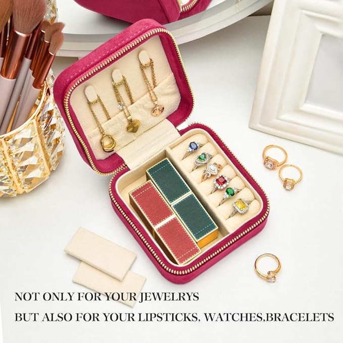 TAIMY Travel Jewelry Case, Small Plush Velvet Jewelry Box for Women and Girls, Portable Jewelry holder organizer for Rings Earrings Necklaces Bracelets(Magenta)