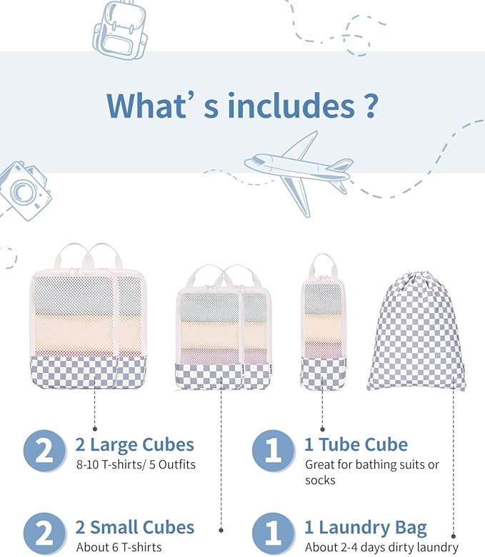 Narwey 6 Set Compression Packing Cubes for Travel Kids Women Carry on, Packing Organizers Bag for Backpack Luggage Suitcase Duffle Bags